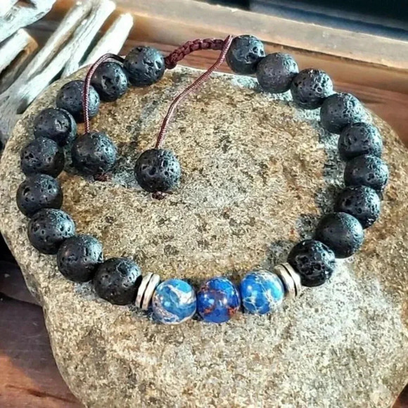 Handcrafted Chakra Bracelet Blue Aqua Terra Jasper Black Lava - Picture 1 of 7